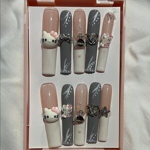Cute Pink and Gray Nail Set with Charms Bling,Bling And Kitty